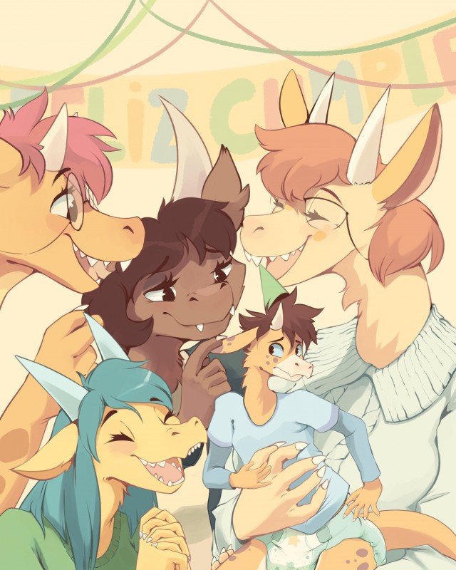 anthro banner blush carrying_another claws clean_diaper clothed clothing diaper eyes_closed family female group happy horn male open_mouth party size_difference smile tail teeth wearing_diaper ozzybear mythology ozzy_(ozzybear) dragon mythological_creature mythological_scalie scalie absurd_res hi_res