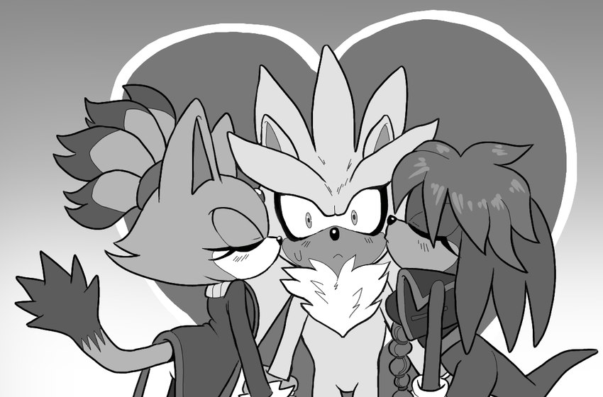 anthro bindi blush braided_hair clothing eyelashes eyes_closed female group hair kissing_cheek male male/female top_knot topwear trio vest fuckwolfamy sega sonic_the_hedgehog_(series) blaze_the_cat lara-su silver_the_hedgehog domestic_cat echidna eulipotyphlan felid feline felis hedgehog mammal monotreme monochrome sketch