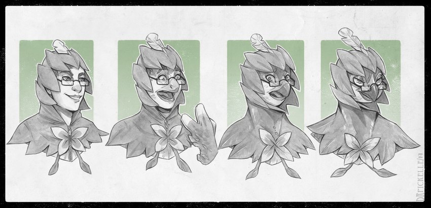 anthro base_one_layout basic_sequence beak eyewear feathers four_frame_image four_frame_sequence glasses human_to_anthro linear_sequence male one_row_layout open_mouth solo species_transformation transformation transformation_sequence drpickelle nintendo pokemon gabe_(onom) avian bird decidueye generation_7_pokemon human mammal pokemon_(species) bust_portrait greyscale monochrome portrait sequence sketch