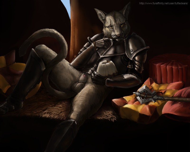 animal_genitalia anthro armor balls bottomless clothed clothing detailed_background finger_fetish finger_lick finger_play fingers frosting fur genitals knight licking male partially_clothed penis penis_tip pillow plate_armor reclining sheath solo sweetroll tail tan_body tan_fur text tongue tongue_out warrior tuftedears bethesda_game_studios microsoft skyrim the_elder_scrolls kharjo felid khajiit mammal 5:4 url