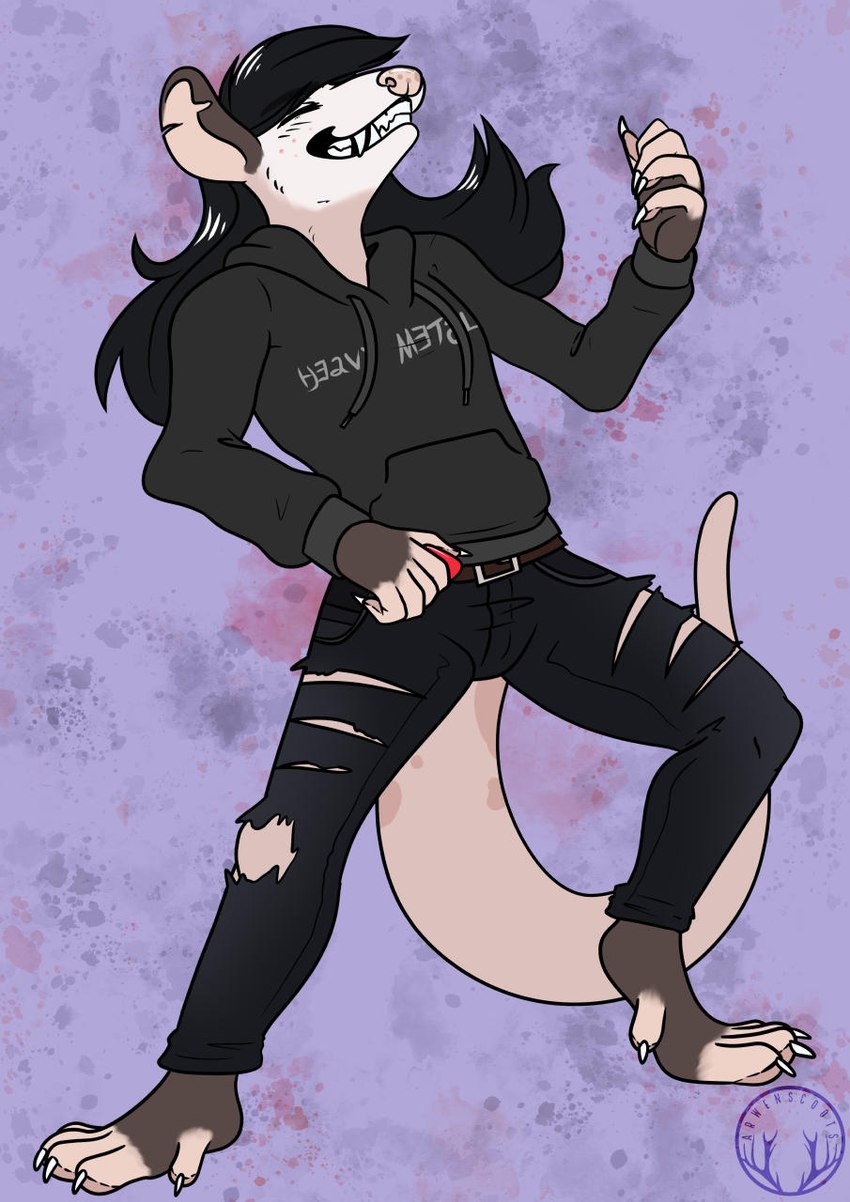 air_guitar anthro black_hair bottomwear clothing guitar_pick hair hoodie long_hair male pants smile solo topwear torn_bottomwear torn_clothing torn_pants arwenscoots conditional_dnp american_opossum mammal marsupial virginia_opossum hi_res