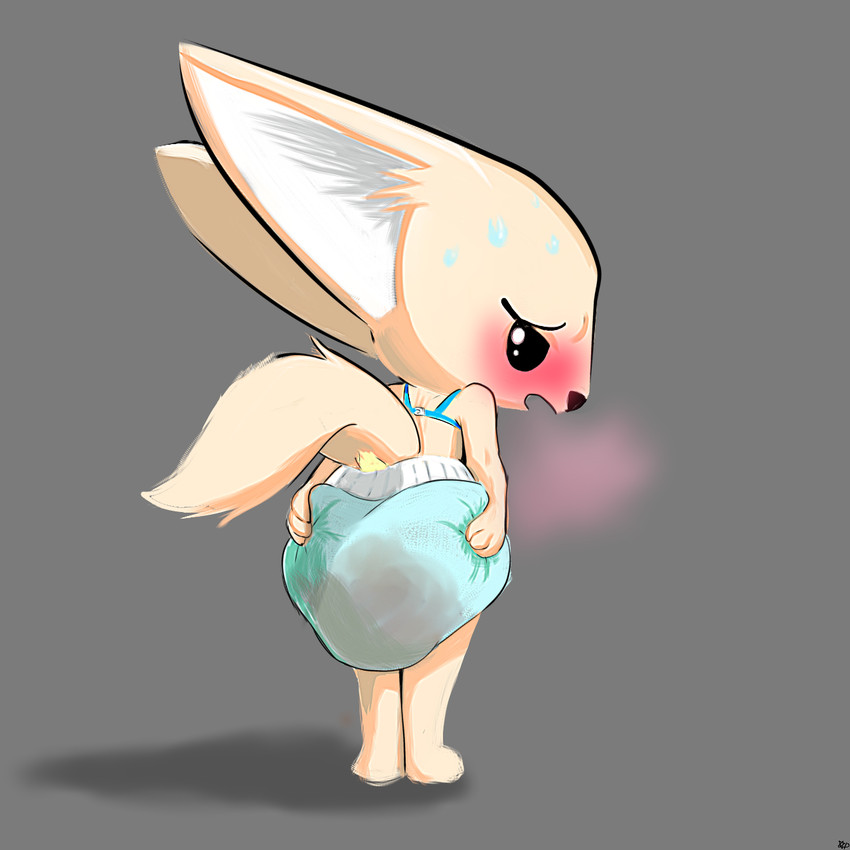 anthro blush clothed clothing diaper diaper_only feces female soiled soiled_diaper solo topless unclean_diaper used_diaper wearing_diaper unknown_artist aggretsuko sanrio fenneko canid canine fennec_fox fox mammal true_fox 1:1 hi_res