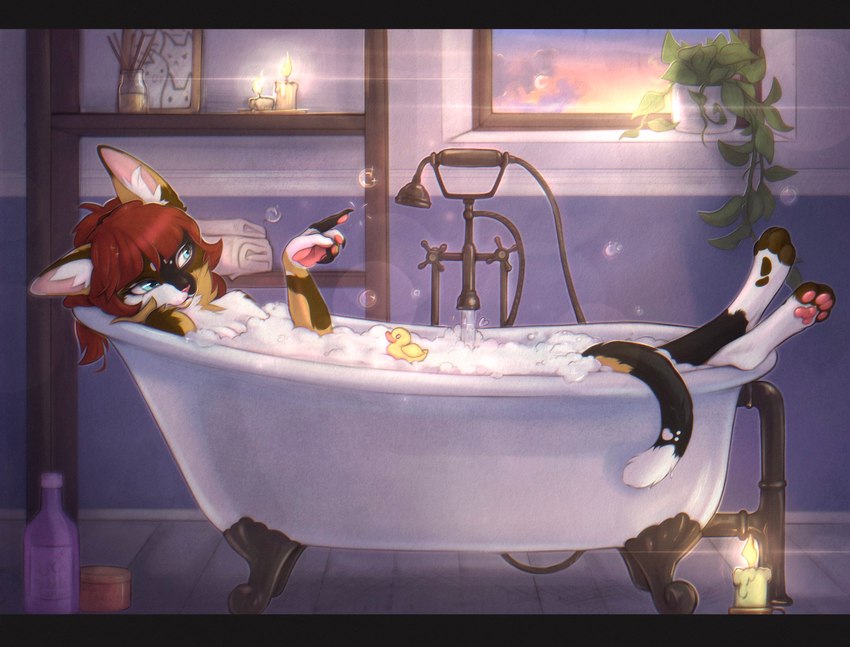 anthro bath bathtub bubble bubble_bath candle candlelight claw_foot_bathtub claws cozy faucet female hair light partially_submerged pawpads plant popping_bubble red_hair relaxing rubber_duck soft_lighting solo sunset tail window yshanii mearah calico_cat domestic_cat felid feline felis mammal hi_res