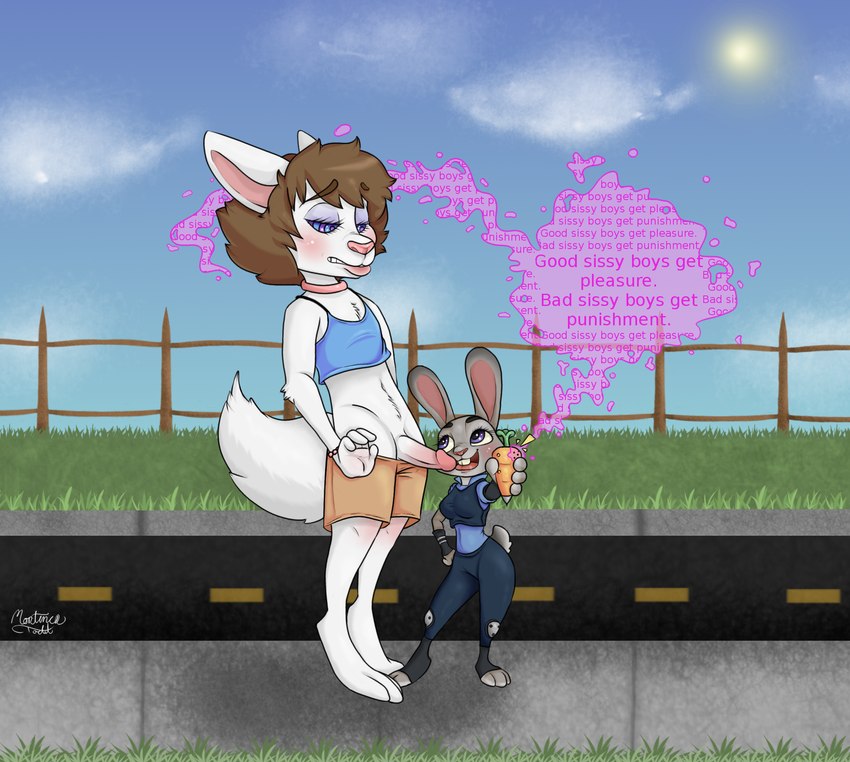 anthro bottomwear brown_hair clothing crop_top duo exhibitionism fellatio female femboy hair hypnosis male mind_control oral outside penile sex shirt shorts size_difference spiral_eyes text topwear white_body mortimer_todd disney zootopia fan_character fuyu_graycen judy_hopps hybrid lagomorph leporid mammal rabbit 2017 digital_media_(artwork) english_text hi_res