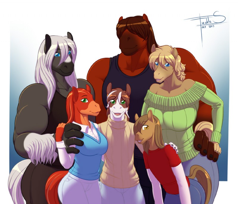 anthro big_breasts blonde_hair blue_background blue_eyes bottomwear breasts brown_hair clothed clothing family female femboy green_eyes group hair huge_breasts long_hair looking_at_viewer male multicolored_hair muscular open_mouth pants shirt simple_background size_difference smile sweater topwear two_tone_hair white_background white_hair yellow_eyes freckles_(artist) anise_(freckles) cayenne_(freckles) clover_(freckles) cloves_(freckles) ginger_(character) tyelle_(character) equid equine horse mammal 2013 digital_media_(artwork) signature