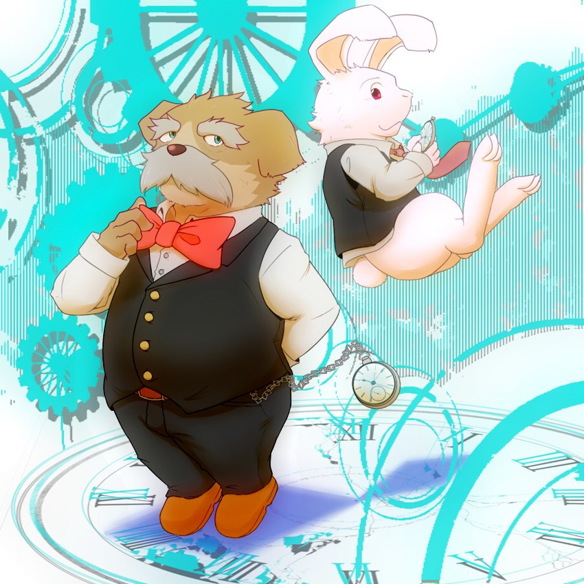 anthro biped bottomwear bow_tie brown_body brown_fur clothing duo facial_hair fur kemono male mustache necktie pants shirt slightly_chubby topwear white_body white_fur fuboku canid canine canis domestic_dog lagomorph leporid mammal rabbit 1:1 2012