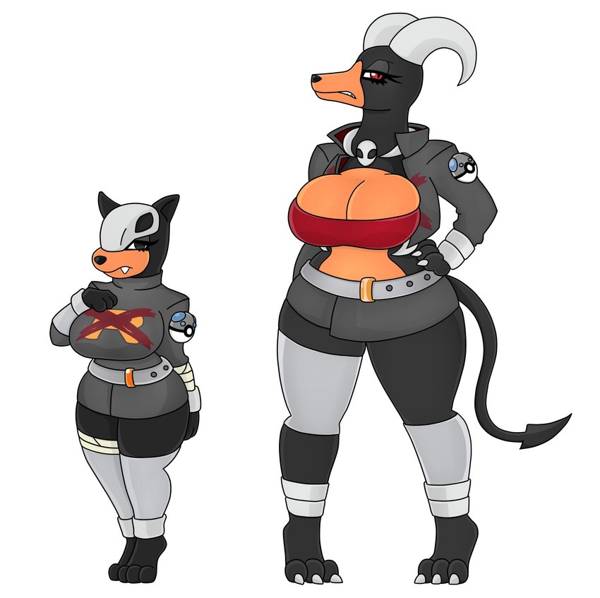 anthro armwear belt big_breasts black_body black_eyes bottomwear breasts clothing duo female horn huge_breasts jacket legwear pokeball red_eyes shirt simple_background skirt stockings tail topwear white_background urusee584 nintendo pokemon team_rocket generation_2_pokemon houndoom houndour pokemon_(species) hi_res