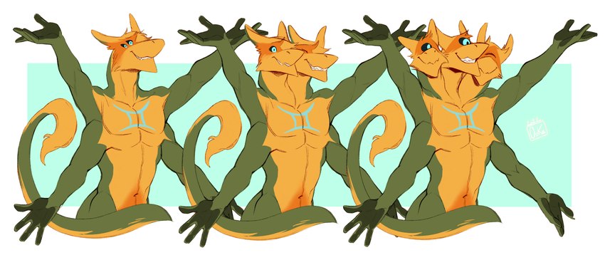 1_eye 4_arms 4_pecs anthro group happy male multi_arm multi_eye multi_hand multi_head multi_limb multi_pecs multicolored_body pecs raised_arms smile spread_arms tail oukaarts gemini_the_sergal absurd_res hi_res