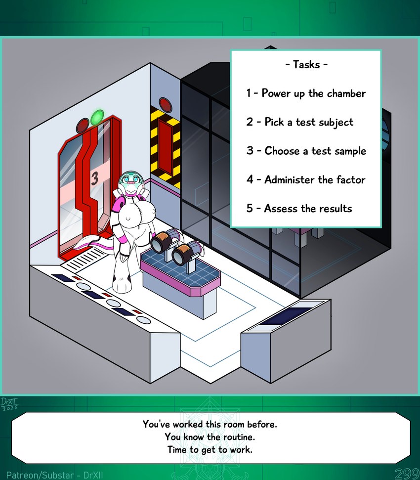 anthro big_breasts breasts clothed clothing female gloves hair handwear hazmat_suit huge_breasts laboratory non-mammal_breasts solo tail text text_box drxii kobold_quest gooseberry_kobold kobold reptile scalie digital_media_(artwork) english_text hi_res url