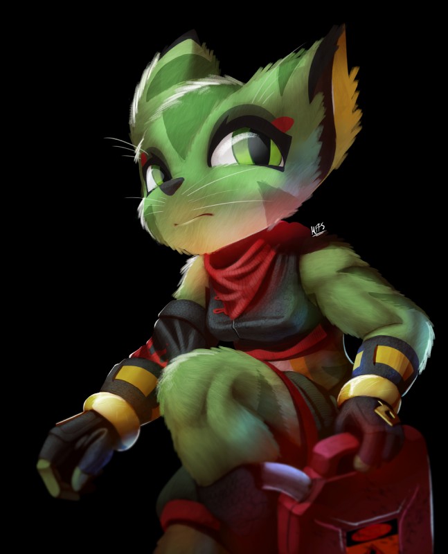 anthro black_nose breasts clothed clothing female fingerless_gloves fur gas_can gloves green_body green_eyes green_fur handwear midriff scarf solo residentevilffs freedom_planet galaxytrail carol_tea felid feline felis mammal wildcat alpha_channel hi_res