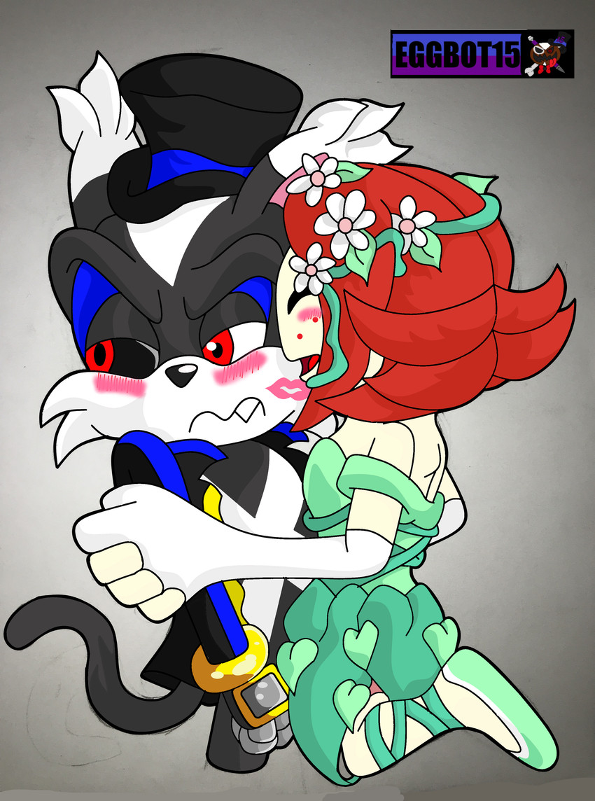 anthro black_body blush clothed clothing cybernetics duo female fur gloves hair handwear hat headgear headwear interspecies kiss_mark machine male male/female plant simple_background smile top_hat eggbot15 sega sonic_the_hedgehog_(series) sonic_x 15_(eggbot15) fan_character starla_(eggbot15) alien cyborg domestic_cat elemental_creature felid feline felis flora_fauna mammal seedrian absurd_res digital_media_(artwork) hi_res