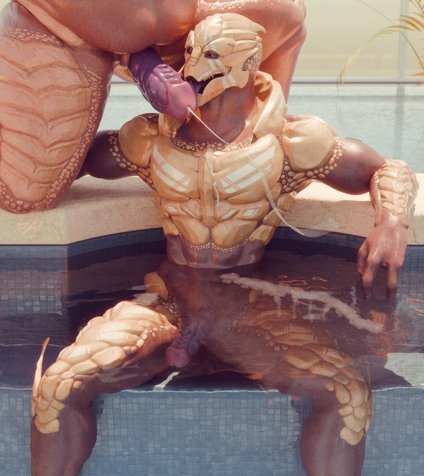 3_fingers abs animal_genitalia biceps bodily_fluids bodypaint cum cum_drip cum_in_water cum_on_chest cum_on_penis cumshot dripping duo ejaculation erection face_paint fingers genital_fluids genital_slit genitals glistening glistening_genitalia glistening_penis in_pool kneeling licking looking_at_viewer male male/male muscular muscular_male nude open_mouth oral orgasm overweight overweight_male palm_frond pecs penile penis penis_lick pool presenting_slit sex sitting solo_focus spread_legs spread_slit spreading teeth tongue tongue_out urethra water wet kagekave bioware electronic_arts mass_effect sollas verros alien humanoid turian 3d_(artwork) digital_media_(artwork) hi_res