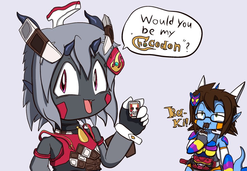 accessory anthro arm_armor armwear belt black_body blue_body brown_hair candy chocolate clothing collar dessert duo eating eyewear facial_horn facial_markings fin food glasses green_eyes grey_hair hair hair_accessory half-closed_eyes head_fin head_horn head_markings holding_object holidays horn kemono looking_at_another looking_at_viewer male markings narrowed_eyes open_mouth open_smile pink_eyes shoulder_armor smile sound_effects speech_bubble tail gunma747j kamen_rider kamen_rider_gavv mythology valentine's_day chocodon_(kamen_rider) gavv_(kamen_rider) gotha_(gunma747j) gunma_(gunma747j) valen_(kamen_rider) dragon fanged_dragon garyu_(species) gochizo_(kamen_rider_gavv) hail-fanged_dragon hyogaryu mythological_creature mythological_scalie scalie hi_res shaded