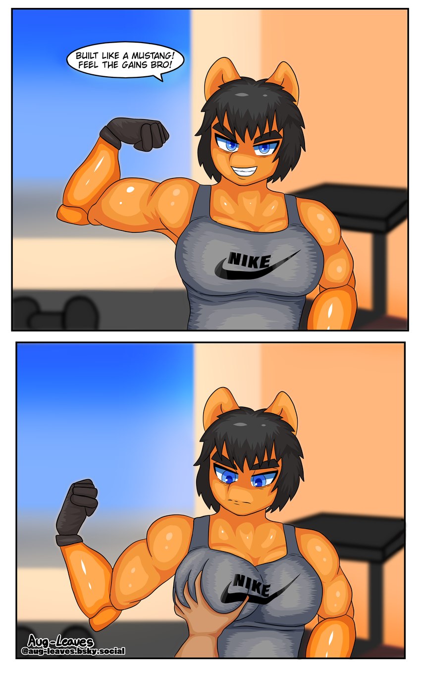 ambiguous_gender anthro athletic athletic_female black_hair blue_eyes bodily_fluids breast_grab breasts clothing cybernetic_arm cybernetic_limb cybernetics dialogue disapproval female fitness flexing flexing_bicep gloves gym hair hand_on_breast handwear humor looking_at_viewer machine misunderstanding offscreen_character orange_body solo speech_bubble sportswear sweat text wet_hair arisenleaf nike cloe_(arisenleaf) cyborg equid equine human humanoid mammal 5:8 absurd_res comic hi_res meme