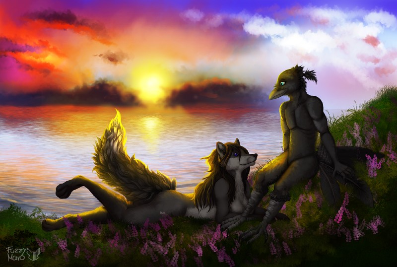 anthro blue_eyes detailed_background duo female flower lavender_(flower) male outside plant romantic romantic_ambiance romantic_couple sea sunset water fuzzymaro avian bird canid canine canis corvid corvus_(genus) crow mammal oscine passerine wolf digital_media_(artwork)