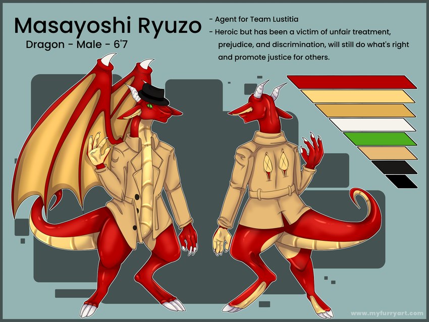 anthro blue_border border clothing coat green_eyes hat headgear headwear info male masayoshi_ryuzo red_body solo tail text topwear trenchcoat wings anonymous_artist my_furry_art mythology dragon mythological_creature mythological_scalie scalie 4:3 english_text hi_res model_sheet