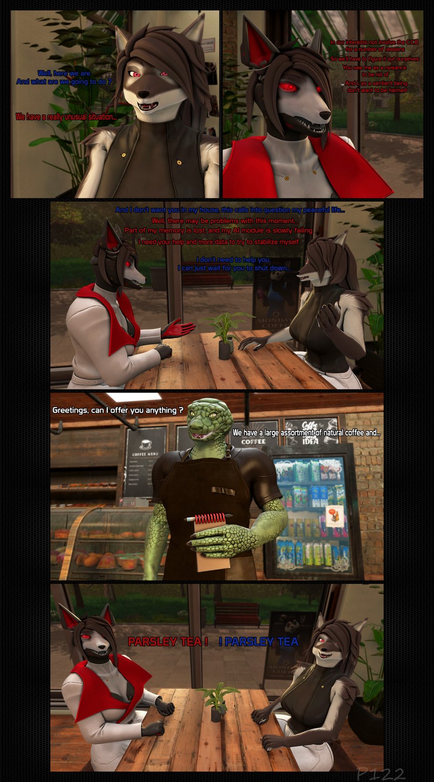5_fingers anthro apron bartender bench beverage bottomwear cafe clothed clothed_anthro clothed_female clothed_male clothing coat coffee_shop cybernetics detailed_background dialogue duo female fingers food fur furniture grass green_body green_eyes green_scales green_skin grey_body grey_fur grey_hair group hair half_clothed happy humanoid_hands inside long_hair machine male multicolored_body multicolored_fur notebook pants park plant red_eyes scales shirt short_hair solo table text topwear tree trio white_body white_fur xpasha122x petruz_(modeler) unauthorized_life amelia_(petruz) snake_(petruz) android canid canine canis cyborg jackal mammal reptile robot scalie snake 3d_(artwork) absurd_res comic digital_media_(artwork) english_text hi_res huge_filesize