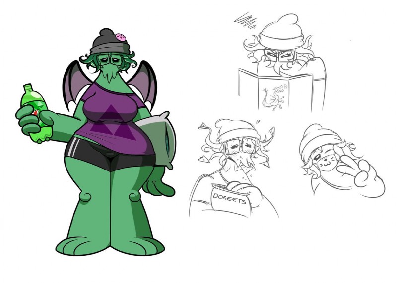 :3 angry anthro barefoot beanie big_breasts biped blush bottomwear breasts clothed clothing crossgender eyewear face_tentacles feet female fingers food gesture glasses green_body hair hand_gesture hat headgear headwear looking_at_viewer mantle_(mollusk) membrane_(anatomy) membranous_wings non-mammal_breasts pillow shirt shorts simple_background smile solo standing tentacles thick_thighs tired toes topwear triforce v_sign wide_hips wings tooneyd cthulhu_mythos doritos dungeons_and_dragons frito-lay h.p._lovecraft hasbro kirby_(series) mountain_dew nintendo the_legend_of_zelda wizards_of_the_coast cthulhu kirby cephalopod eldritch_abomination marine mollusk monster 2019 digital_media_(artwork)