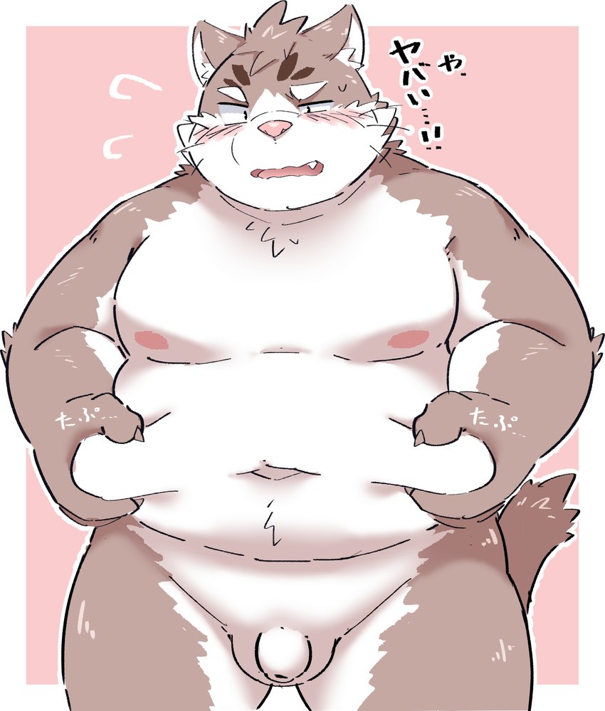 anthro balls belly big_belly blush flaccid foreskin genitals humanoid_genitalia humanoid_penis kemono male moobs navel nipples overweight overweight_male penis solo text ptcmtr lifewonders tokyo_afterschool_summoners sitri_(tas) domestic_cat felid feline felis mammal 2021 hi_res japanese_text