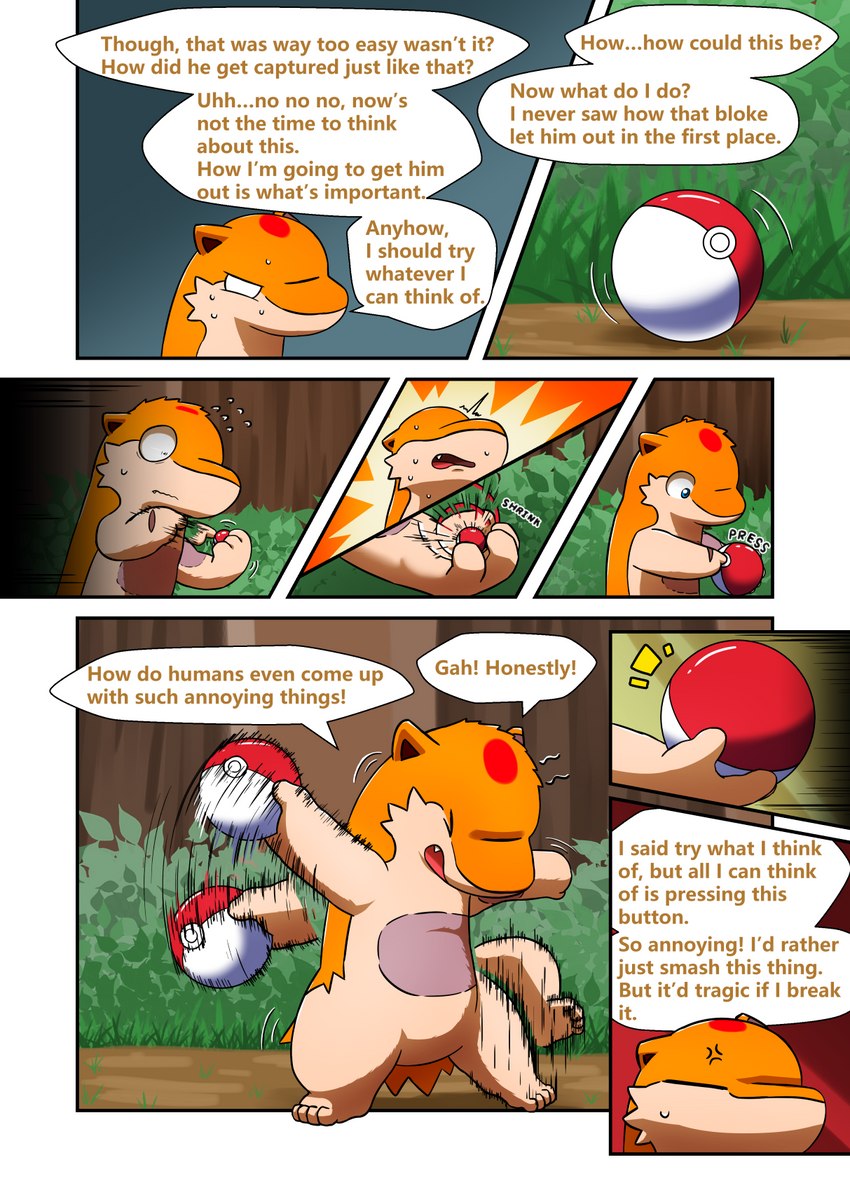 dialogue forest plant pokeball speech_bubble text tree darrow0 nintendo pokemon yuel generation_2_pokemon pokemon_(species) quilava comic english_text hi_res