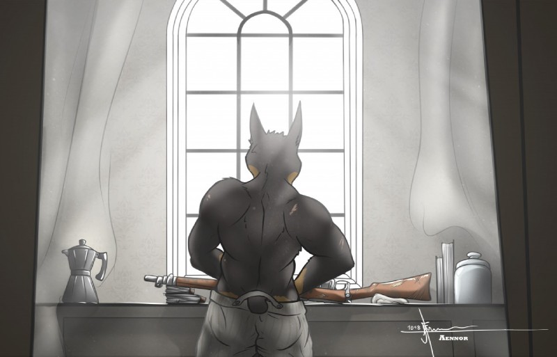 anthro bathroom boxers_(clothing) brown_body brown_fur butt clothed clothing detailed_background fur furgonomics gun inside muscular partially_clothed ranged_weapon rear_view rifle scar solo topless underwear weapon window aennor baskerville canid canine canis dobermann domestic_dog mammal pinscher 2016 signature watermark