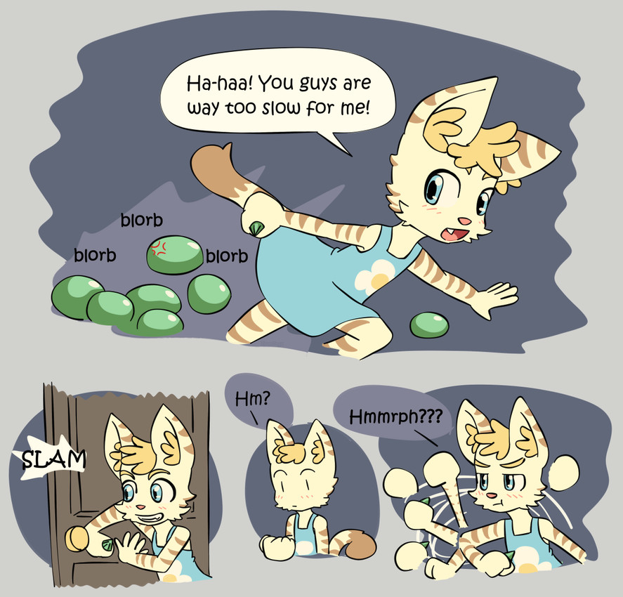 afterimage ambiguous_gender annoyed anthro blonde_eyebrows blonde_hair blue_clothing blue_dress blue_eyes blush blush_lines brown_body brown_fur brown_stripes brown_tail_tip closed_smile clothing cross-popping_vein cute_fangs dialogue dipstick_tail door_slam dress eyebrows fangs female fur gem green_gem group hair holding_gem holding_object inner_ear_fluff looking_back markings mouth_closed onomatopoeia open_mouth open_smile pouting running smile sound_effects speech_bubble striped_body striped_fur striped_markings striped_tail stripes tail tail_markings talking_to_another tan_body tan_fur tan_tail teeth text tuft young young_anthro young_female bisonvega cat_girl_(bisonvega) domestic_cat felid feline felis goo_creature mammal slime_(blob) 2025 comic english_text