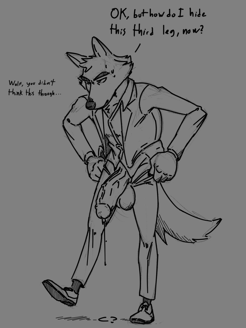 anthro balls big_balls big_penis clothing genitals humanoid_genitalia humanoid_penis male penis text kajy dreamworks the_bad_guys mr._wolf_(the_bad_guys) canid canine canis mammal wolf english_text hi_res monochrome