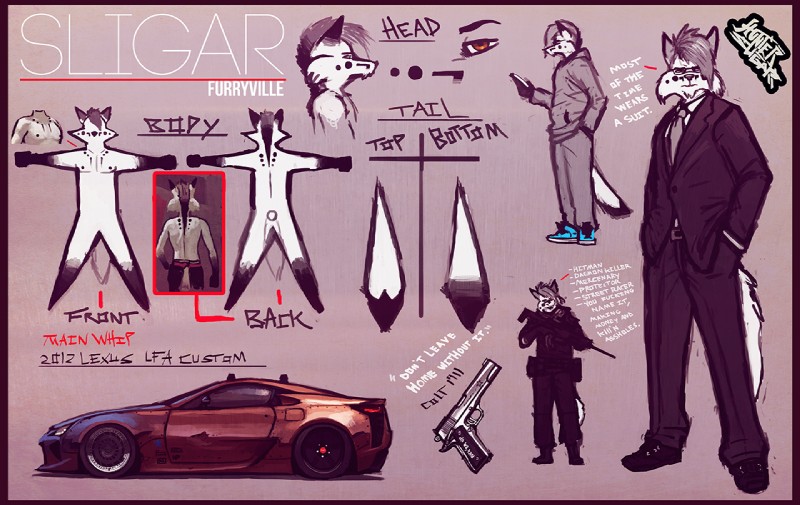 anthro belt black_body black_fur border brown_eyes car clothed clothing fur grey_hair gun hair handgun m1911 male military_uniform necktie nude pistol purple_border ranged_weapon rifle side_view solo suit sweater text topless topwear uniform vehicle weapon white_body white_fur sligarthetiger lexus_(car) sligar canid canine canis coyote fox hybrid mammal 2016 english_text model_sheet signature