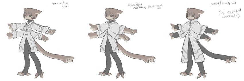 3_fingers 4_arms ambiguous_gender black_clothing black_eyes black_sclera brown_body brown_fur brown_hair clothed clothing fingers fur hair long_tail multi_arm multi_limb prehensile_tail short_hair skinsuit solo stirrup_legwear tail tail_hand text tight_clothing unusual_anatomy unusual_tail white_clothing tateoftot alien humanoid 3:1 absurd_res concept_art english_text hi_res model_sheet sketch