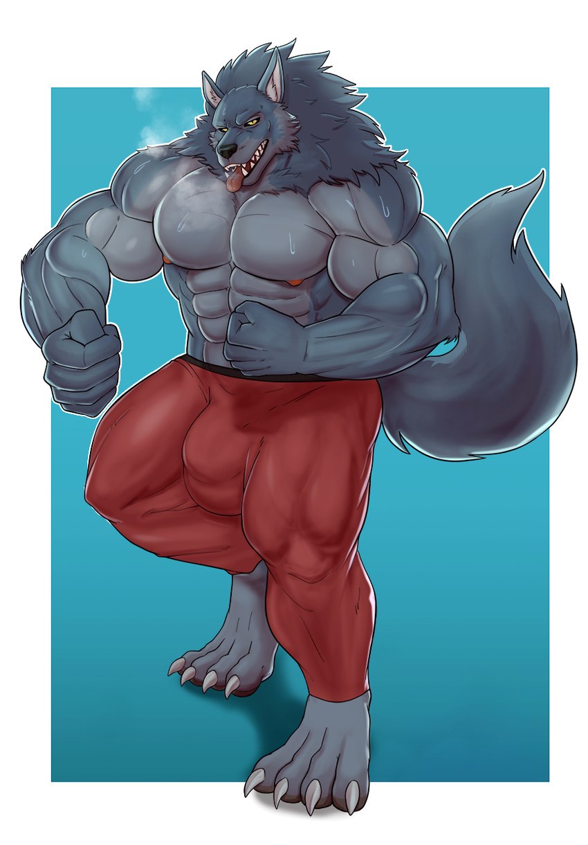 4_toes 5_fingers abs anthro biceps big_bulge big_muscles border breath bulge claws clothed clothing detailed_bulge fangs feet fingers fur grey_body grey_fur humanoid_hands keikogi leggings legwear looking_at_viewer male martial_arts_uniform muscular muscular_anthro muscular_male nipples pecs simple_background solo sportswear standing tail teeth toe_claws toes tongue tongue_out topless white_border yellow_eyes flasker enigma_(daltenigma) canid canine canis mammal wolf digital_drawing_(artwork) digital_media_(artwork) hi_res