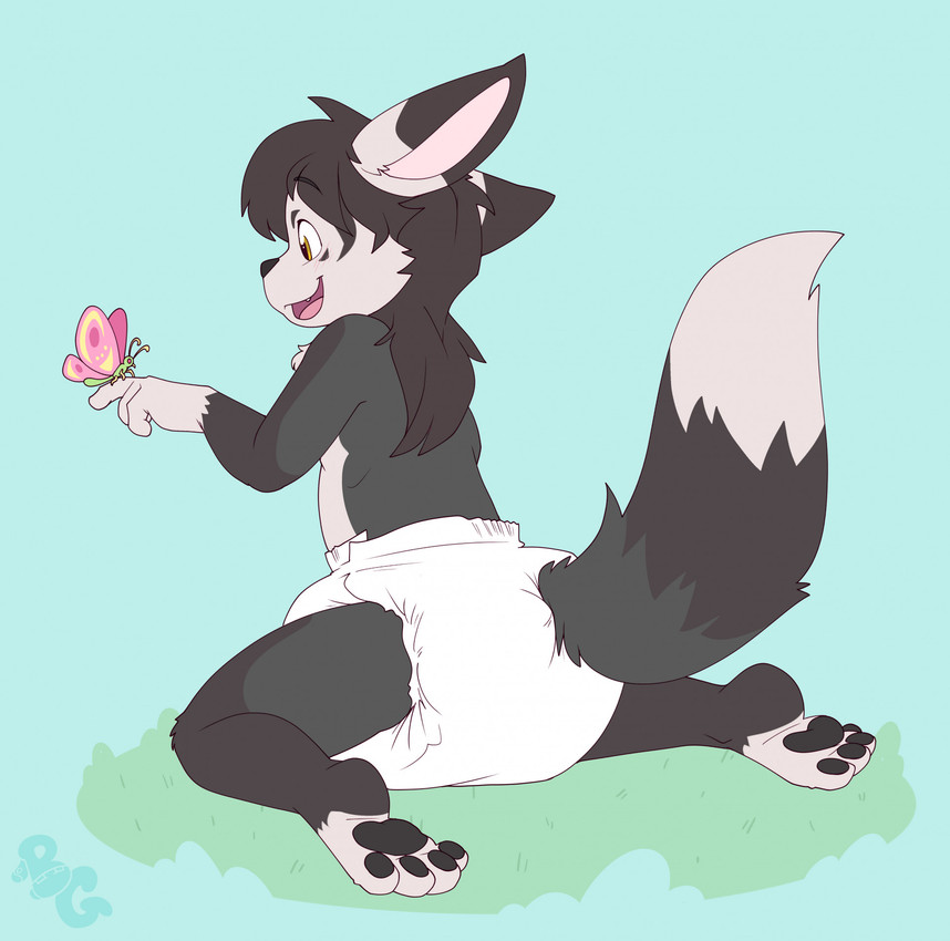 4_toes ambiguous_gender anthro black_body black_ear_tips black_ears black_fur black_hair black_pawpads black_tail blue_background blush blush_lines clean_diaper clothed clothing diaper diaper_only dipstick_ears dipstick_tail ear_markings facial_markings feet fur gloves_(marking) grass grey_body grey_fur grey_tail hair head_markings kneeling leg_markings logo markings multicolored_body multicolored_ears multicolored_fur multicolored_tail open_mouth open_smile pawpads plant simple_background smile snaggle_tooth socks_(marking) solo tail tail_markings toes topless two_tone_ears wearing_diaper white_body white_diaper white_ears white_fur white_inner_ear white_tail white_tail_tip bubblepuppers aeonis arthropod butterfly canid canine fox insect lepidopteran mammal artist_logo full-length_portrait hi_res portrait male_(lore)