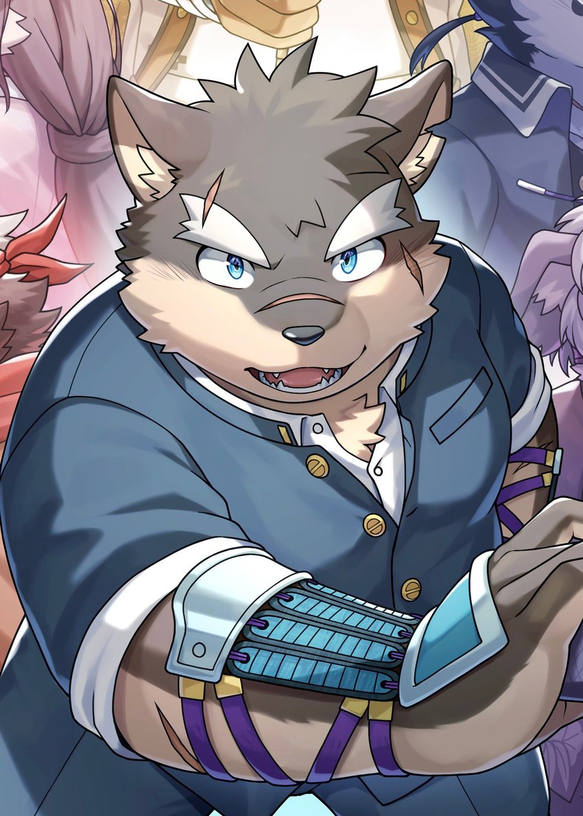 anthro armguards blue_eyes clothing eyebrows facial_scar fur grey_body grey_fur katana male melee_weapon scar school_uniform solo sword thick_eyebrows uniform weapon ponzu_tas lifewonders tokyo_afterschool_summoners moritaka_(tas) canid canine canis domestic_dog mammal hi_res