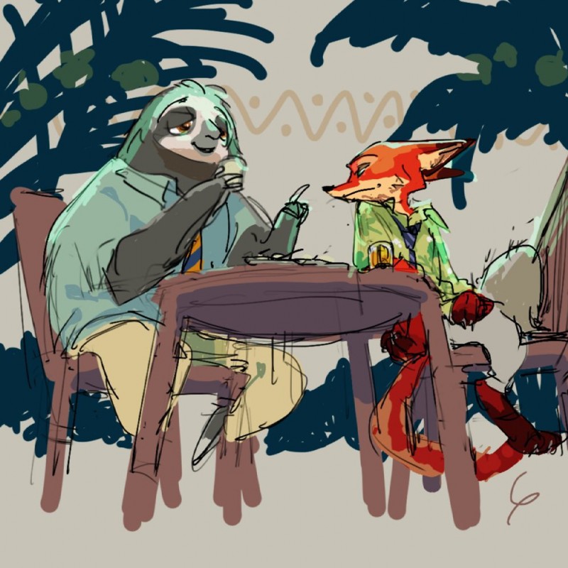 anthro beverage brown_body brown_fur chair clothed clothing container cup dress_shirt duo fur furniture male necktie orange_body orange_fur shirt sitting table topwear yasiplay disney zootopia flash_slothmore nick_wilde canid canine fox mammal pilosan red_fox sloth three-toed_sloth true_fox xenarthran 1:1 2018 digital_drawing_(artwork) digital_media_(artwork)