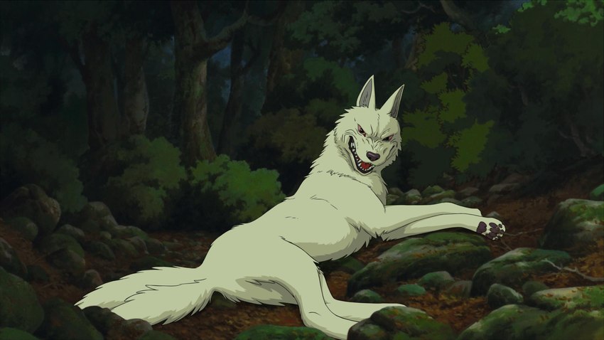 ambiguous_gender fangs feral fur pawpads paws plant quadruped solo tail teeth tree the_giant_hamster ghibli princess_mononoke moro-no-kimi canid canine canis mammal wolf 2023 absurd_res hi_res