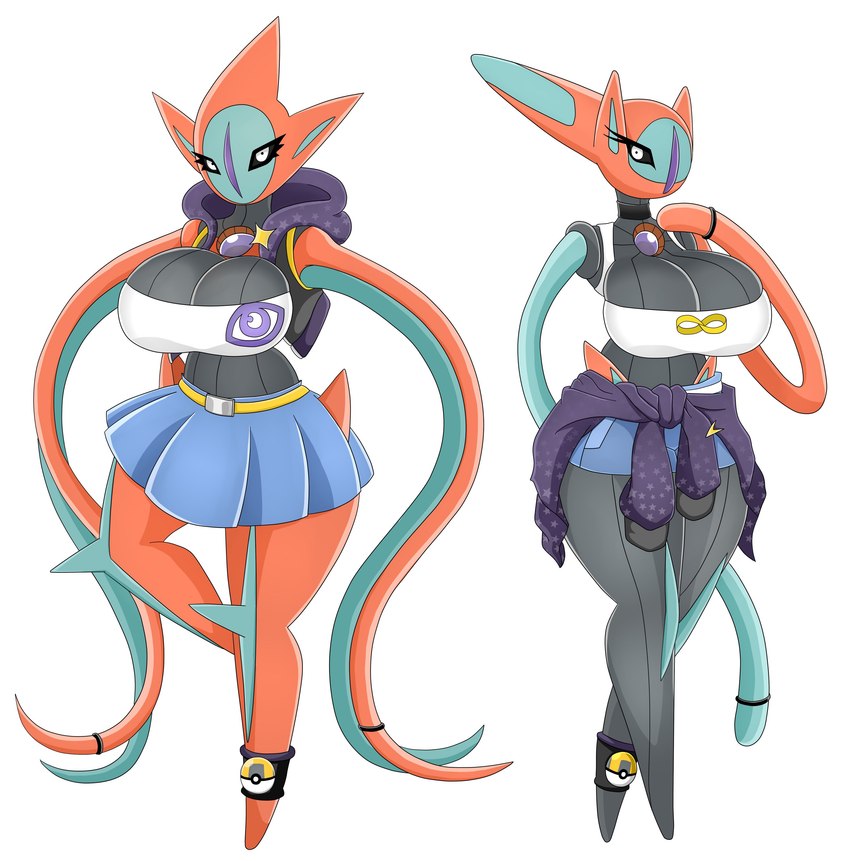 anthro big_breasts black_body bottomwear breasts clothing duo female jacket legwear pokeball red_body shirt shorts simple_background skirt topwear white_background white_eyes urusee584 nintendo pokemon attack_forme_deoxys deoxys generation_3_pokemon legendary_pokemon pokemon_(species) speed_forme_deoxys absurd_res hi_res