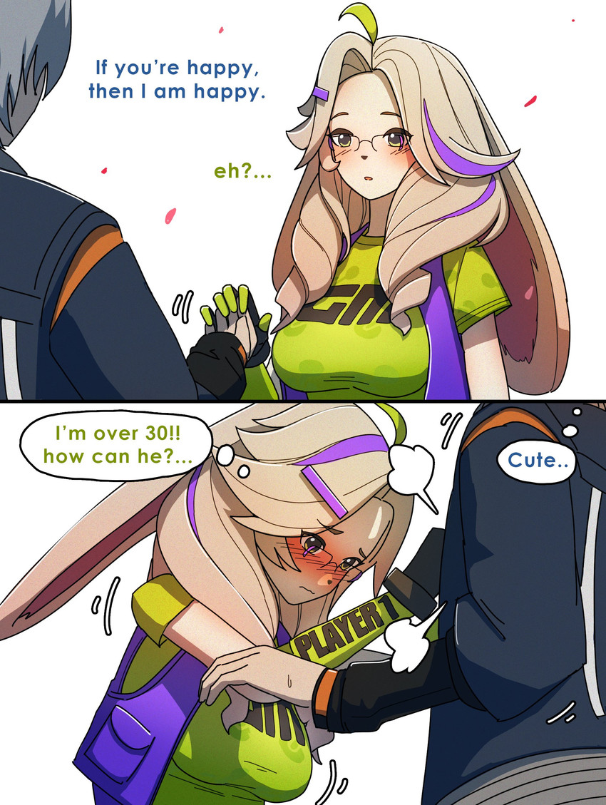 anthro blush clothing dialogue duo eyewear female glasses green_clothing green_shirt green_topwear grey_hair hair jacket male male/female shirt simple_background speech_bubble text topwear white_background white_hair dorahdew mihoyo zenless_zone_zero asha_(zenless_zone_zero) wise_(zenless_zone_zero) human lagomorph leporid mammal rabbit thiren 2024 absurd_res comic english_text hi_res