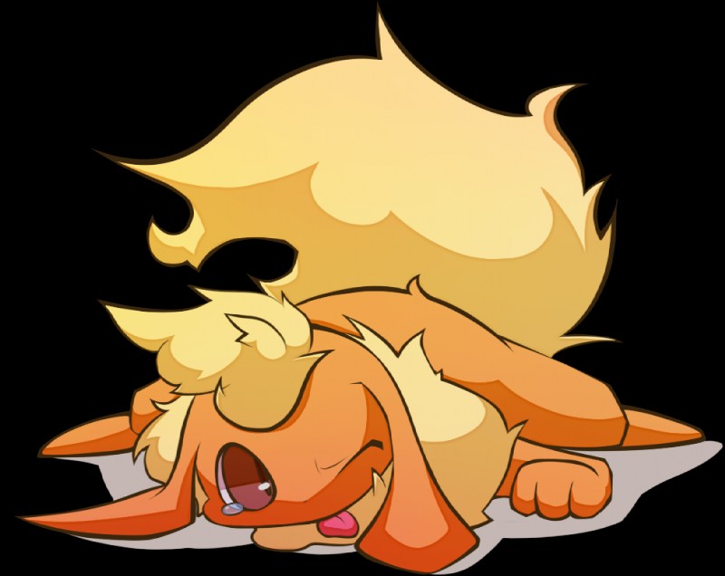 ambiguous_gender bodily_fluids feral fluffy fluffy_tail low-angle_view lying paws pupils raised_tail slit_pupils solo spread_legs spreading tail tears tongue tongue_out shin_(artist) nintendo pokemon eeveelution flareon generation_1_pokemon pokemon_(species) alpha_channel