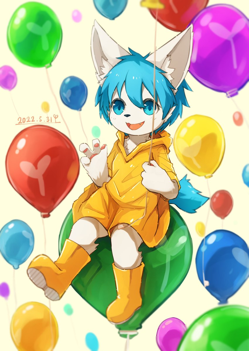 ambiguous_gender anthro balloon balloon_support blue_eyes blue_hair blue_tail blush blush_lines cheek_tuft chest_tuft clothed clothing cute_fangs facial_tuft fangs fur glistening glistening_eyes hair holding_balloon holding_object inflatable inflatable_ride inflatable_support inner_ear_fluff kemono looking_at_viewer on_balloon one_leg_up open_mouth pawpads pink_pawpads raised_leg rubber_boots sitting solo tail teeth text tuft white_body white_ears white_face white_fur white_inner_ear white_inner_ear_fluff yellow_raincoat young young_anthro naegi teru_(naegi) canid canine fox mammal 2022 absurd_res digital_media_(artwork) hi_res