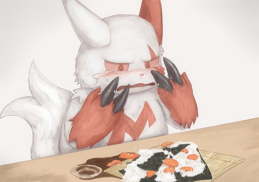 anthro blush bodily_fluids claws crying destroyed_food food fur furniture half-closed_eyes male narrowed_eyes open_mouth red_body red_fur rice sad salmon_(food) semi-anthro simple_background snot solo sushi table tail tears upset white_background white_body white_fur amearare nintendo pokemon zangoose_day generation_3_pokemon pokemon_(species) zangoose 2017