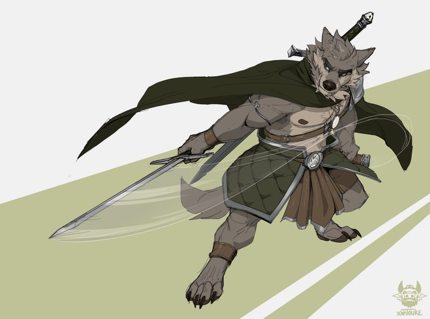 anthro armor brown_scabbard cape cheek_tuft chest_tuft claws clothed clothing digitigrade facial_tuft fighting_pose fur green_eyes head_tuft holding_melee_weapon holding_object holding_sword holding_weapon jewelry leather leather_strap male melee_weapon motion_lines multicolored_body multicolored_fur muscular muscular_anthro muscular_male nipples object_swing partially_clothed pendant pose scabbard simple_background solo straps sword sword_on_back sword_swing toe_claws tuft two_tone_body two_tone_fur weapon weapon_on_back weapon_swing weapon_trail xantouke far_beyond_the_world_(series) ranok_(far_beyond_the_world) canid canine canis mammal wolf