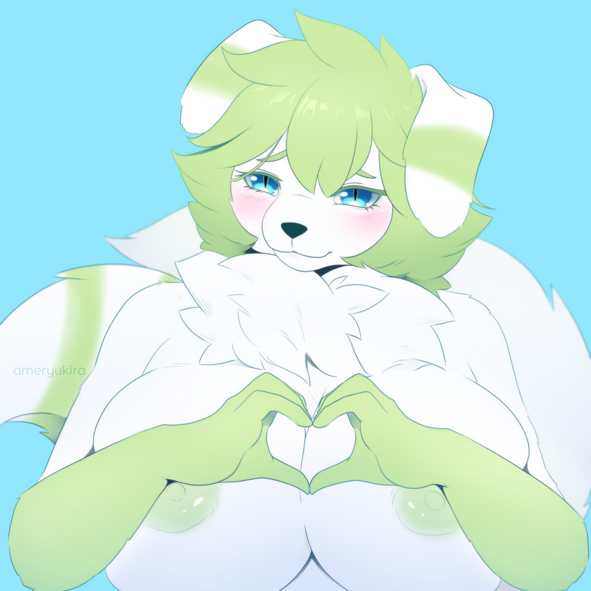 2_tails anthro big_breasts blue_background blue_eyes blush breast_squish breasts chest_tuft crossgender exposed_breasts female floppy_ears fluffy fur gesture green_hair hair heart_gesture heart_symbol markings mtf_crossgender multi_tail neck_tuft nipple_outline nipples pupils simple_background slit_pupils smile solo squish striped_ears striped_markings striped_tail stripes tail tail_markings tuft white_body white_fur ameryukira nintendo pokemon chives_(hebleh) fan_character domestic_cat felid feline felis generation_6_pokemon mammal meowstic pokemon_(species) 1:1 absurd_res hi_res