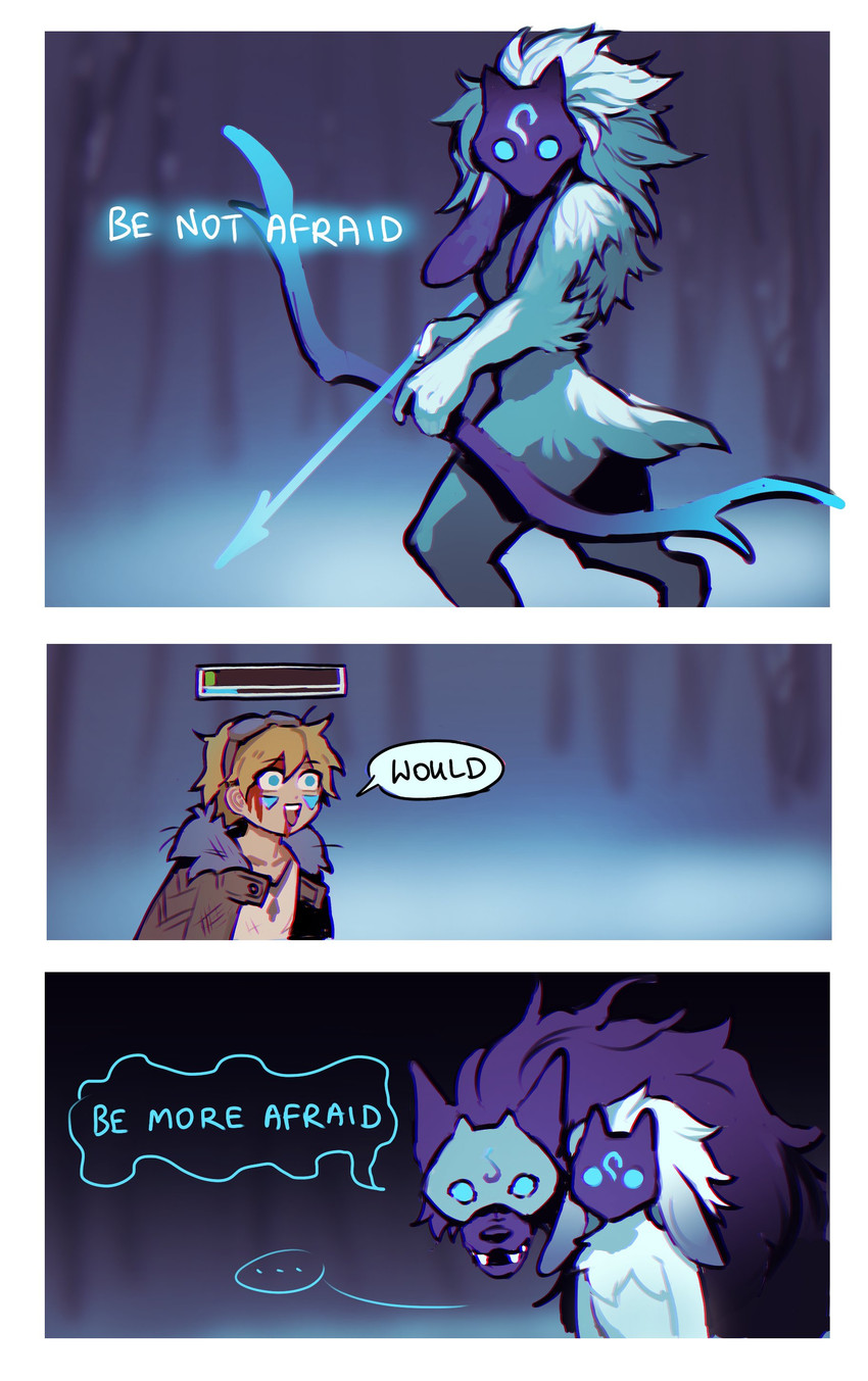 arrow_(weapon) bow_(weapon) dialogue eyewear eyewear_on_head facial_markings female fur glowing glowing_eyes goggles goggles_on_head head_markings male markings mask ranged_weapon text weapon white_body white_fur pseudostars league_of_legends riot_games tencent ezreal_(lol) kindred_(lol) lamb_(lol) wolf_(lol) human mammal 2024 absurd_res comic english_text hi_res