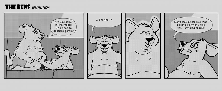 anthro belly big_belly blush clothing dialogue duo lying male male/male moobs nipples overweight overweight_male sitting text underwear barnem mammal murid murine rat rodent 2024 comic english_text hi_res monochrome