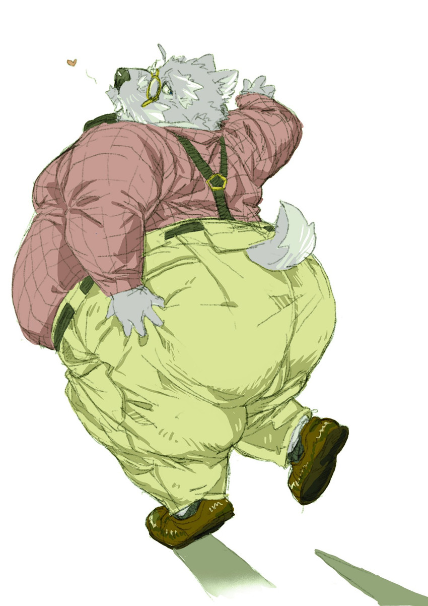 anthro belly big_butt bottomwear butt clothing eyewear glasses heart_symbol humanoid_hands kemono male obese obese_anthro obese_male overweight overweight_anthro overweight_male pants simple_background solo white_background daich canid canine mammal 2020 hi_res