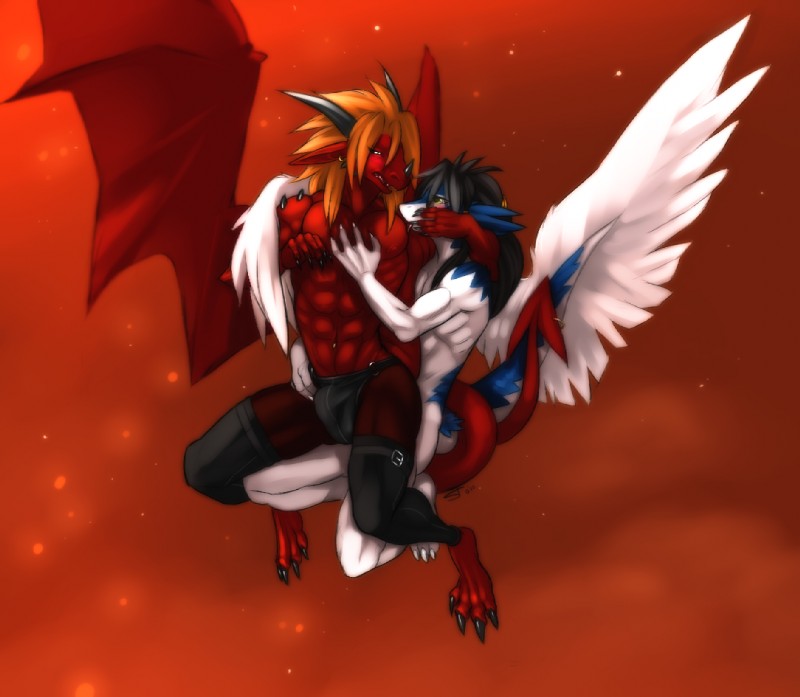 anthro bulge claws cloud duo feathered_wings feathers flying horn intimate male male/male membrane_(anatomy) membranous_wings outside romantic romantic_couple sky skyscape tail wings starsoul european_mythology legendz mythology clei leini soulfire angel angel_dragon demon demon_dragon dragon mythological_creature mythological_scalie scalie western_dragon