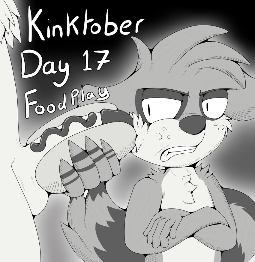 anthro clenched_teeth crossed_arms duo ears_down erection food food_fetish food_play genitals male male/male penis pivoted_ears teasing teeth foxkai cartoon_network inktober kinktober regular_show mordecai_(regular_show) rigby_(regular_show) avian bird mammal procyonid raccoon 2023 black_and_white hi_res monochrome