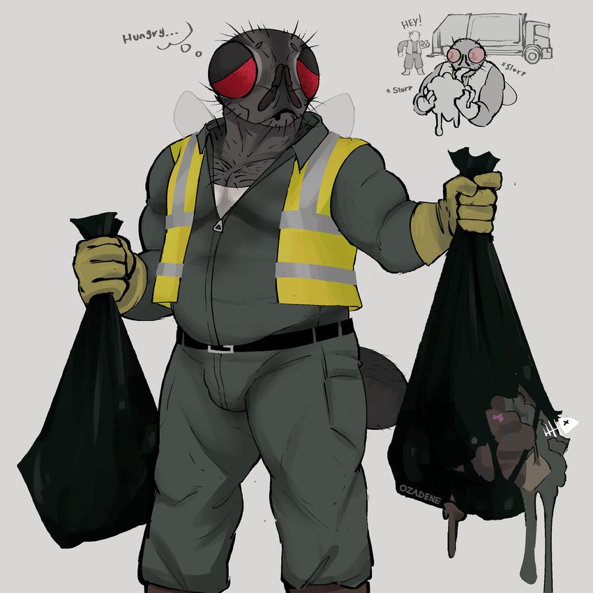 antennae_(anatomy) anthro arthropod_abdomen bodily_fluids body_hair chest_hair clothing compound_eyes coveralls drooling garbage_truck gloves grey_body handwear heavy_truck high-visibility_vest insect_wings male musclegut muscular red_eyes saliva solo sound_effects sweat_stain text thought_bubble trash trash_bag truck_(vehicle) vehicle wings ozadene arthropod fly_(animal) housefly insect 1:1 absurd_res hi_res