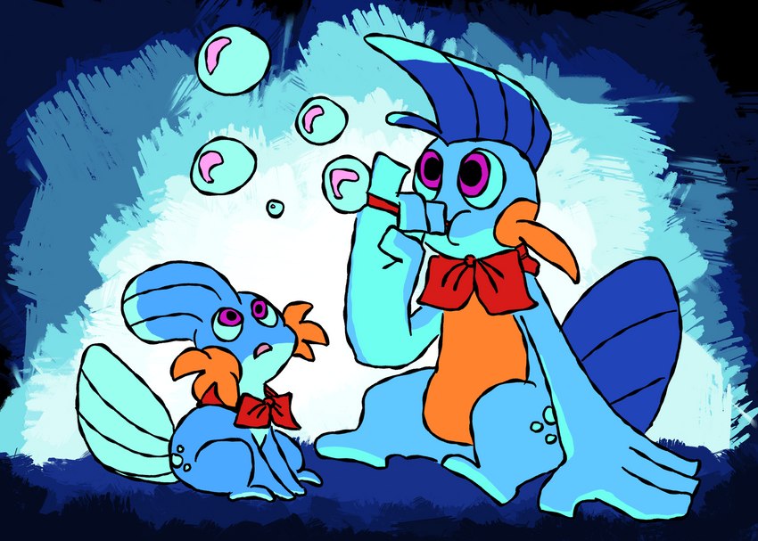 belly blowing blowing_bubbles blue_body bubble feral fin looking_up male orange_belly purple_eyes ribbons scarf moonpaw17 nintendo pokemon generation_3_pokemon marshtomp mudkip pokemon_(species) hi_res