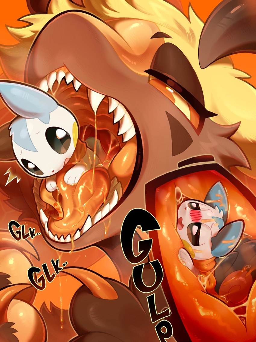 ambiguous_gender anthro brown_body brown_fur duo feral fur glk gulp_(sound_effect) inside kemono mouth_shot open_mouth oral_vore orange_eyes orange_insides orange_internal orange_mouth orange_pupils orange_sclera orange_tongue pupils soft_vore swallowing teeth throat tongue unusual_insides vore yellow_body yellow_fur tianhua mythology nintendo pokemon honeypot_(tianhua) arthropod bee dragon furred_dragon furred_scalie generation_4_pokemon hymenopteran insect mythological_creature mythological_scalie pachirisu pokemon_(species) scalie 2025 3:4 hi_res