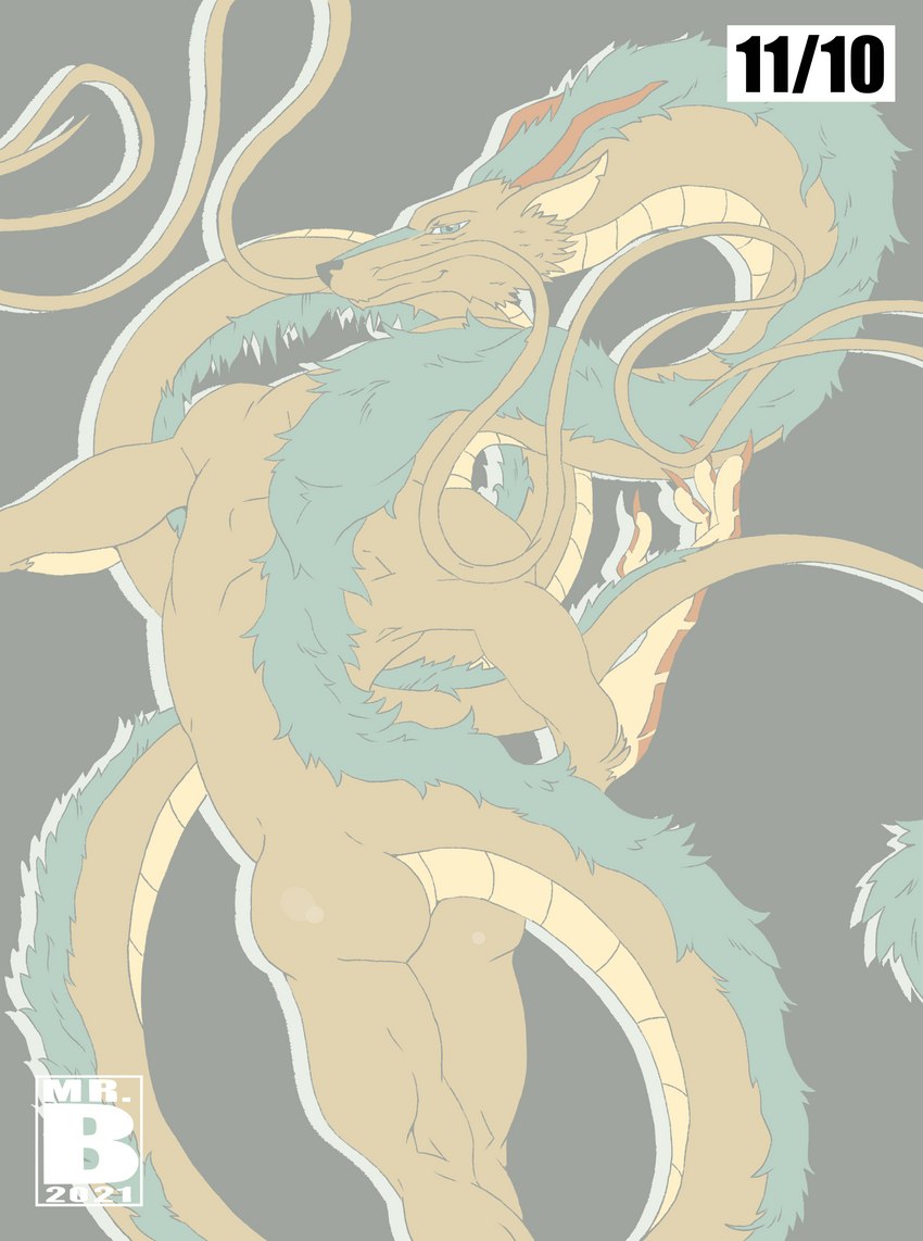 anthro butt hair long_hair male muscular smile solo tail mr.brapion asian_mythology east_asian_mythology ghibli mythology spirited_away haku_(spirited_away) dragon eastern_dragon mythological_creature mythological_scalie scalie absurd_res hi_res